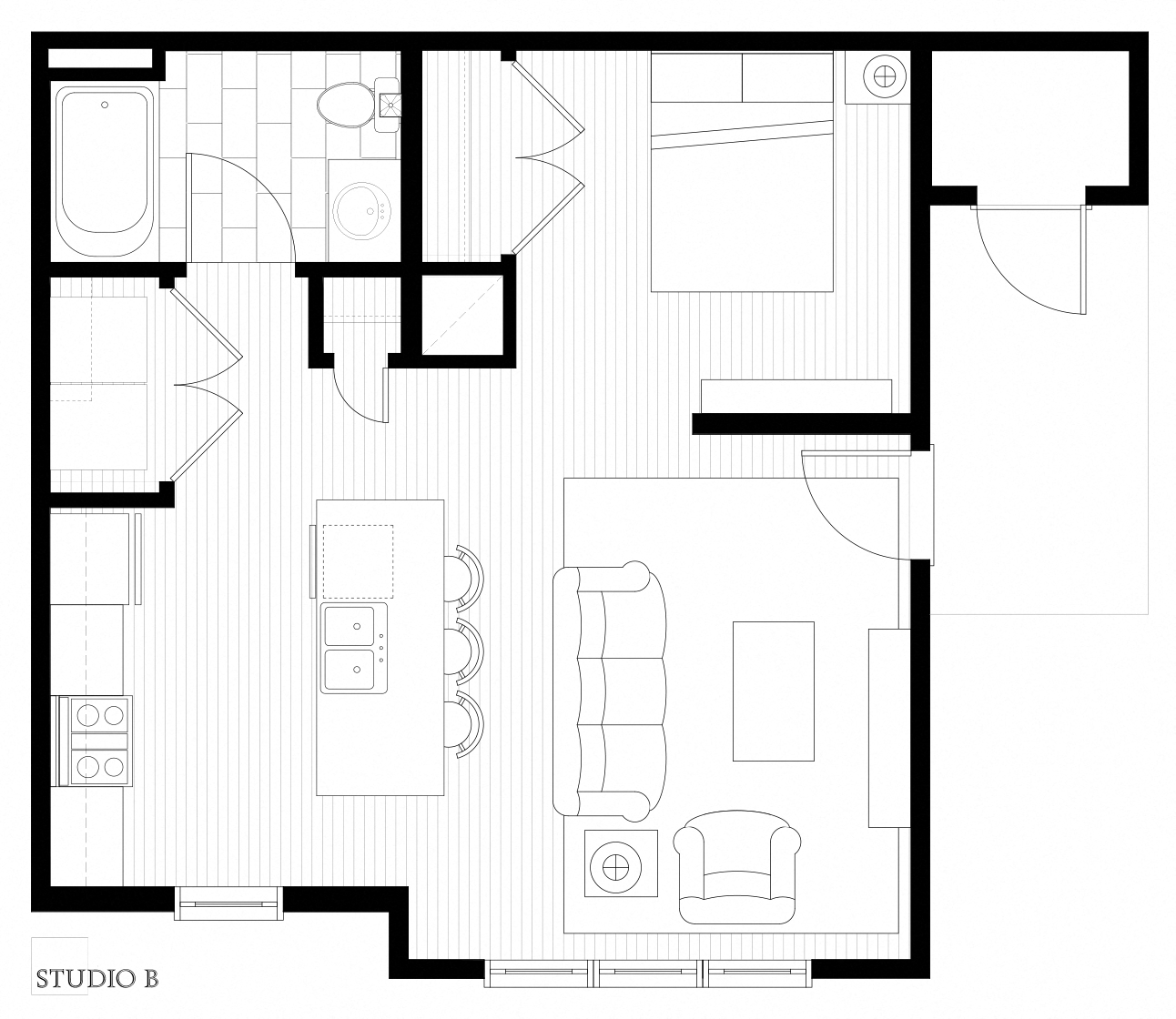 Floor plan for 1 bed, 1 bath, 622 sqft